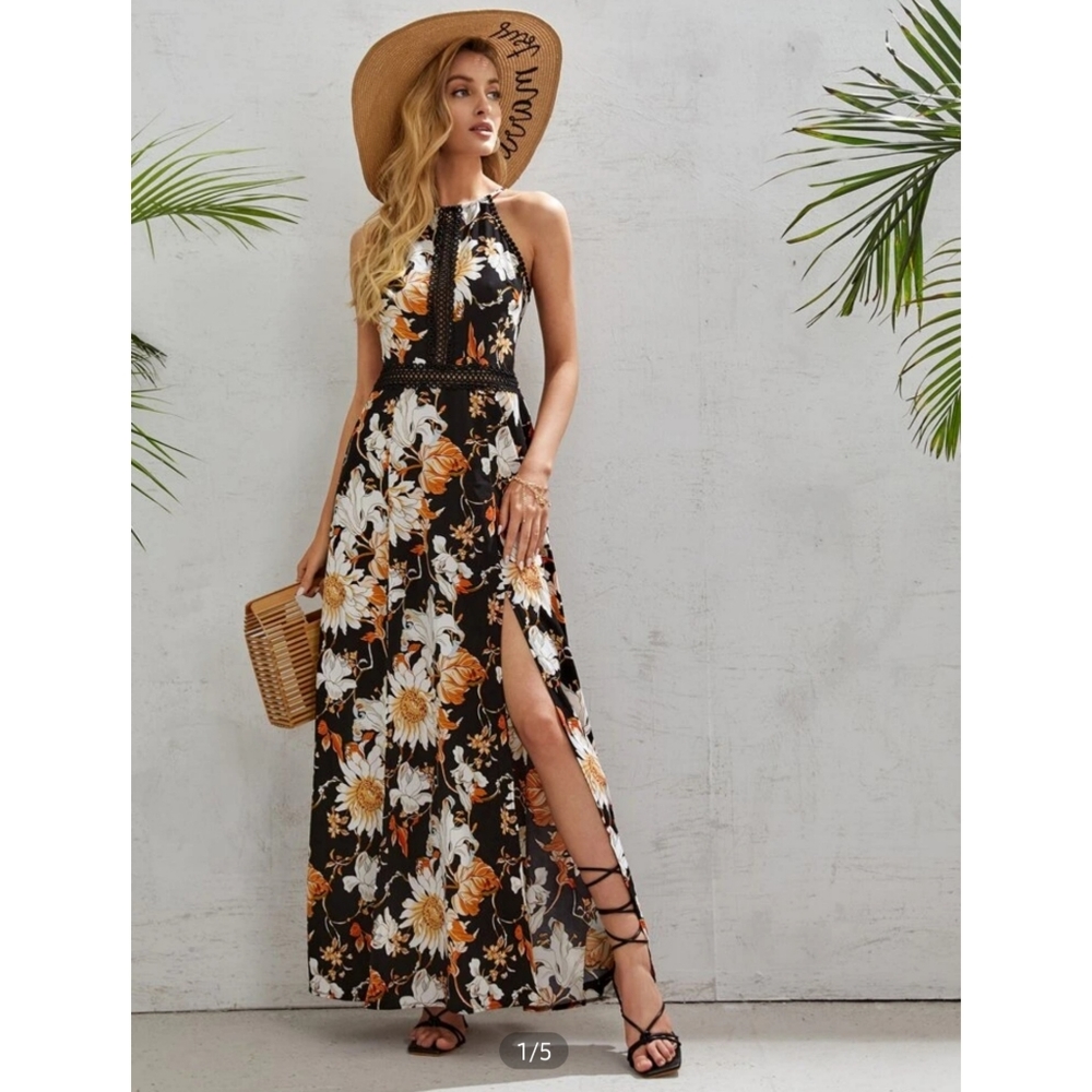 Tie Back Lace Insert Split Trigh Floral Cami Dress